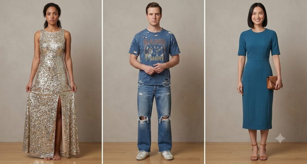 Comparison of an overdressed gown and jeans next to a correct semi-formal midi dress
