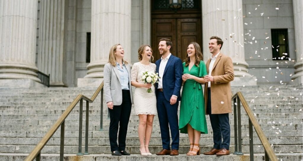 Wedding guests in semi-formal outfits standing on courthouse steps after a ceremony