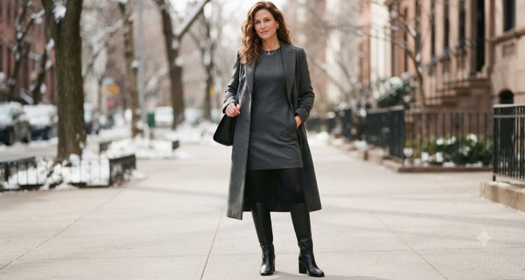 Dark-gray mini dress paired with black opaque tights, knee-high boots, and a long coat.