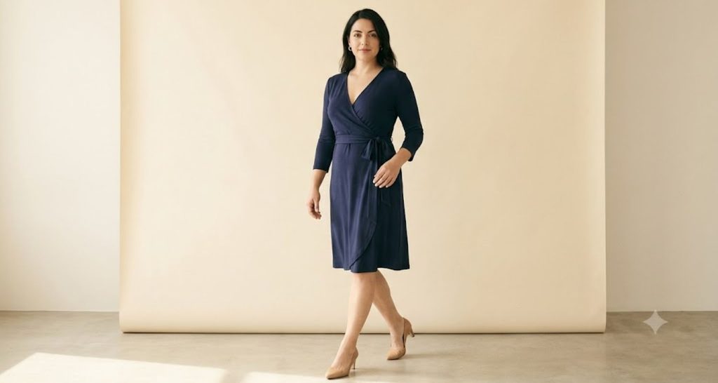 Navy wrap dress on a rectangle body shape showing a defined waist