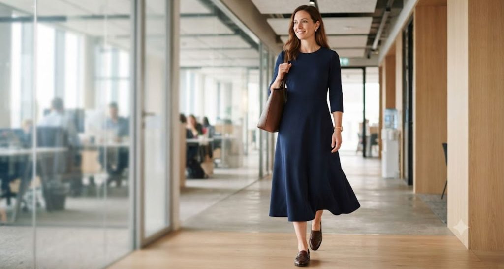 Woman walking through an office in a navy A-line midi dress with three-quarter sleeves and brown loafers.