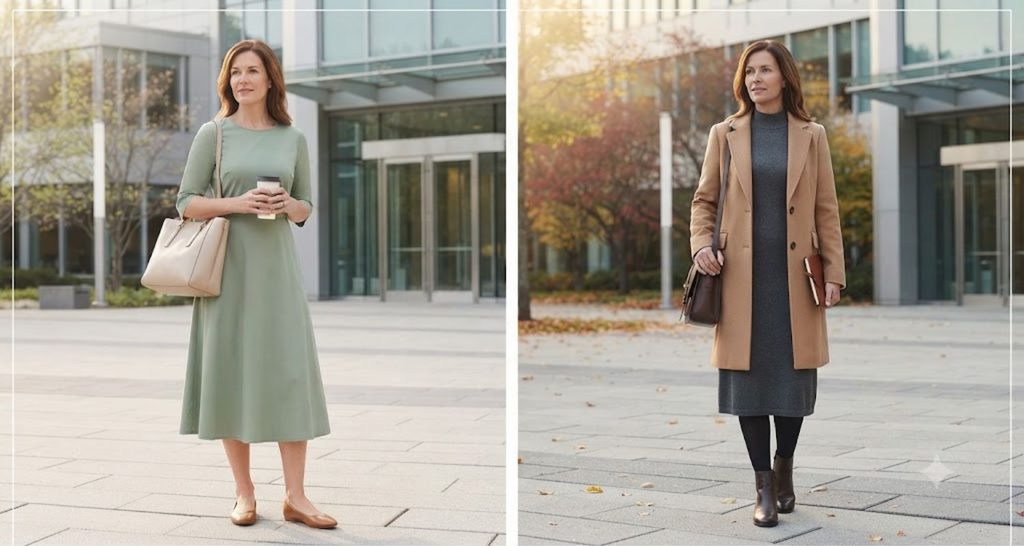 Warm-weather office dress with flats beside a winter knit dress styled with tights, boots, and a coat.