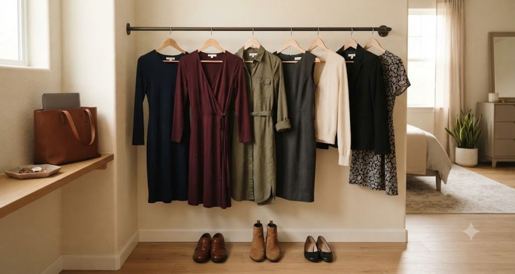 Compact work wardrobe with five dresses, coordinating jackets, a cardigan, and office shoes.