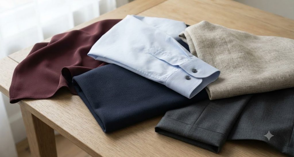 Cotton poplin, ponte knit, crepe, linen blend, and wool blend fabrics arranged on an oak table.
