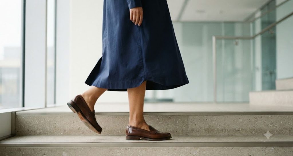 Brown leather loafers beneath a navy midi dress as a woman steps onto an office stair.