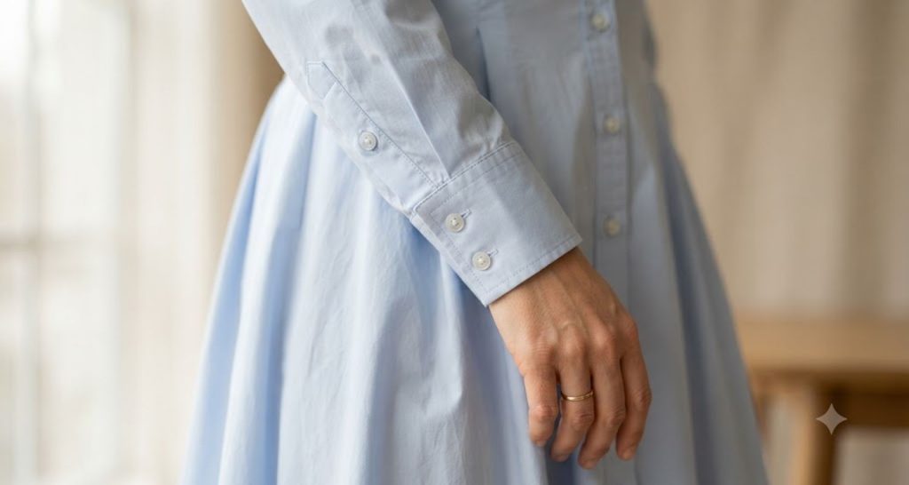 Close-up of a pale-blue cotton-poplin dress showing its sleeve cuff, buttons, and lightly creased fabric.