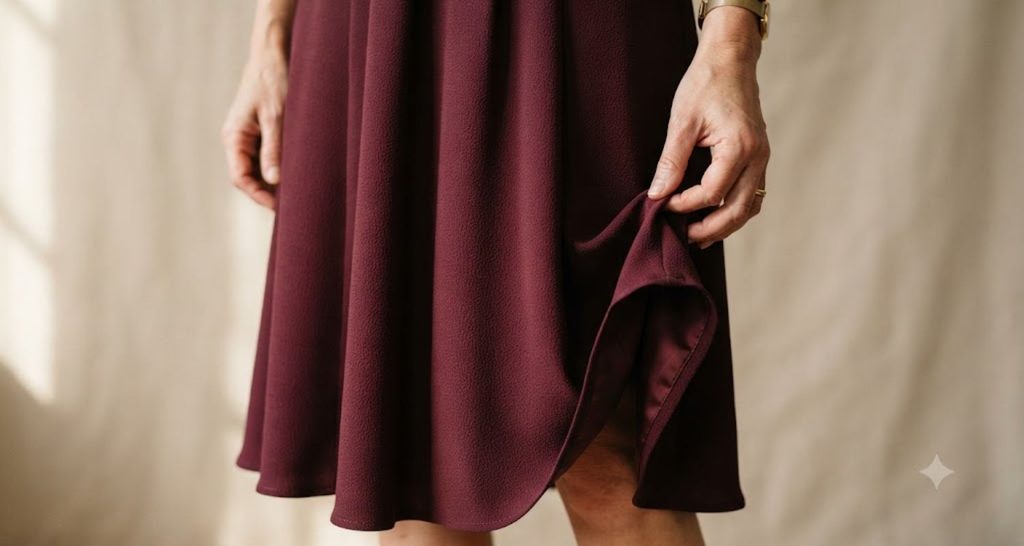Close-up of a burgundy crepe skirt showing its textured surface, soft folds, and lining.