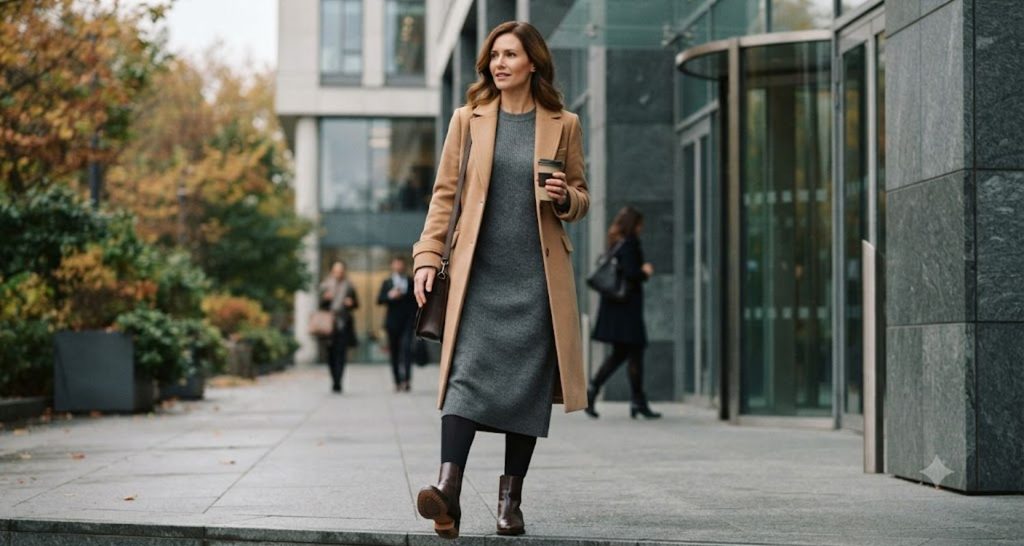 Woman wearing a charcoal knit midi dress with black tights, ankle boots, and an open camel coat.