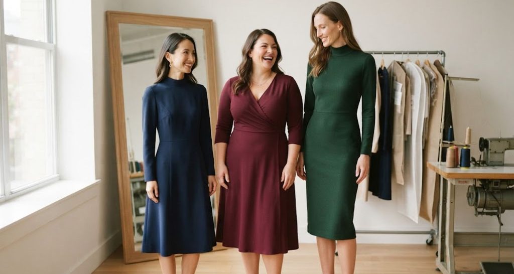Petite, tall, and fuller-figured women wearing midi work dresses fitted to their proportions.