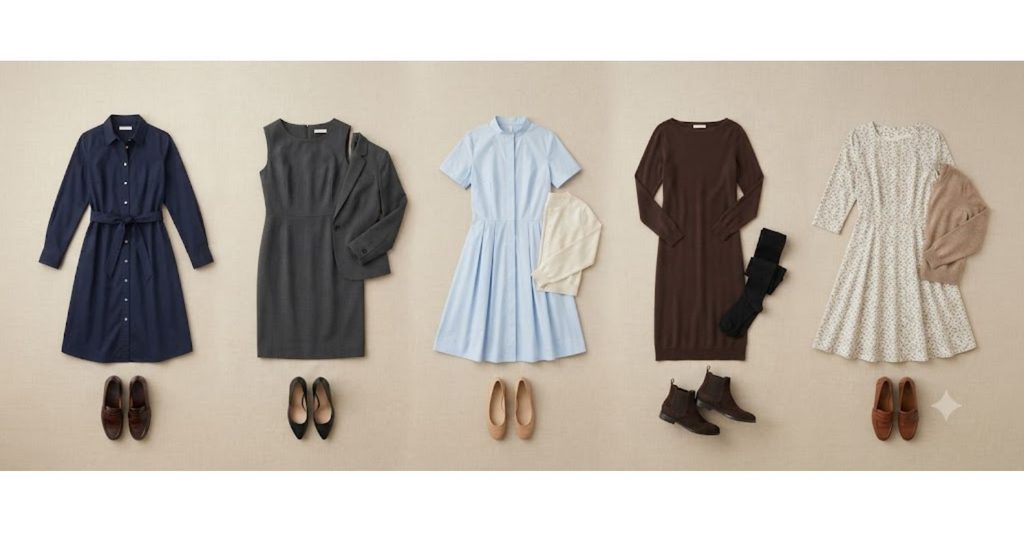 Five office dress outfits arranged with coordinating layers, loafers, flats, and ankle boots.