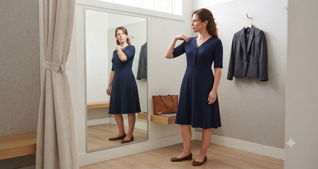 Woman checking the fit and shoulder movement of a navy midi dress in a fitting-room mirror.
