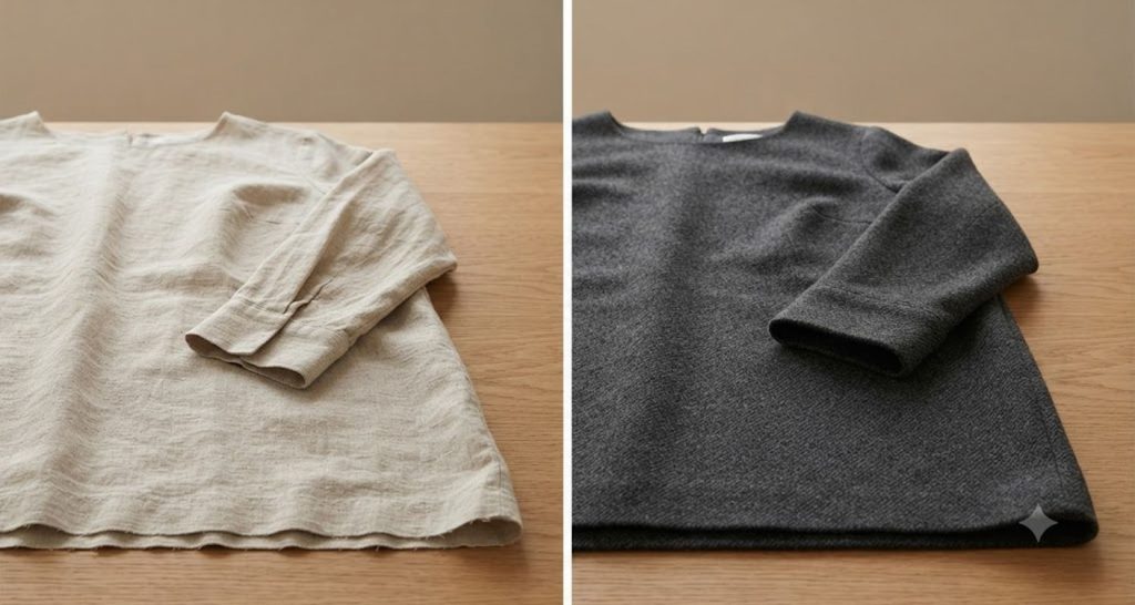 Oatmeal linen-blend and charcoal wool-blend dresses arranged side by side to show their fabric textures.