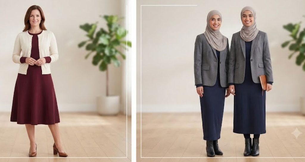 Burgundy midi dress with a cream cardigan beside a navy dress styled with a gray blazer and neutral hijab.