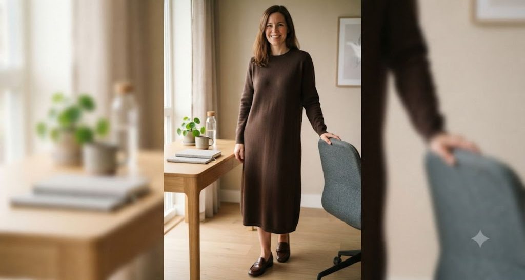 Woman wearing a burgundy fit-and-flare midi dress with three-quarter sleeves and neutral flats.