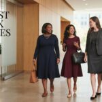 Three women wearing modest work dresses for the office in navy, burgundy, and charcoal.