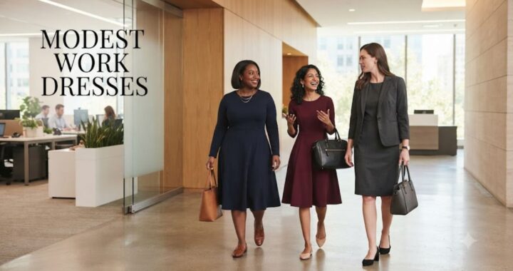 Three women wearing modest work dresses for the office in navy, burgundy, and charcoal.