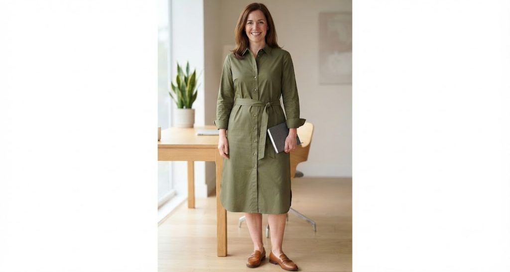 Woman wearing an olive midi shirt dress with a collar, long sleeves, matching belt, and tan loafers.