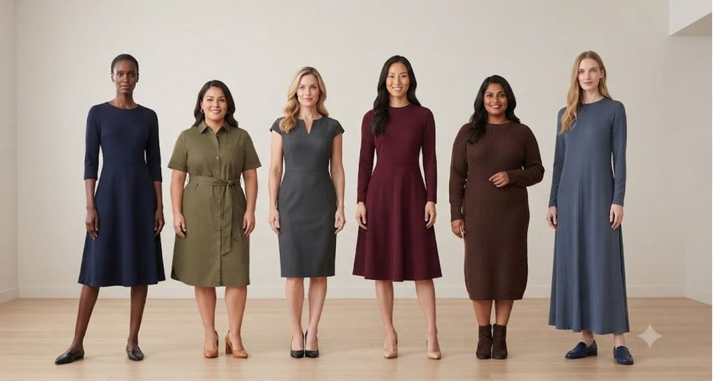Six women modeling A-line, shirt, sheath, fit-and-flare, knit midi, and maxi office dresses.