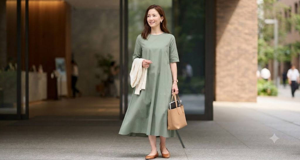 Woman wearing a sage-green cotton-blend midi dress with elbow-length sleeves and carrying a light cardigan.