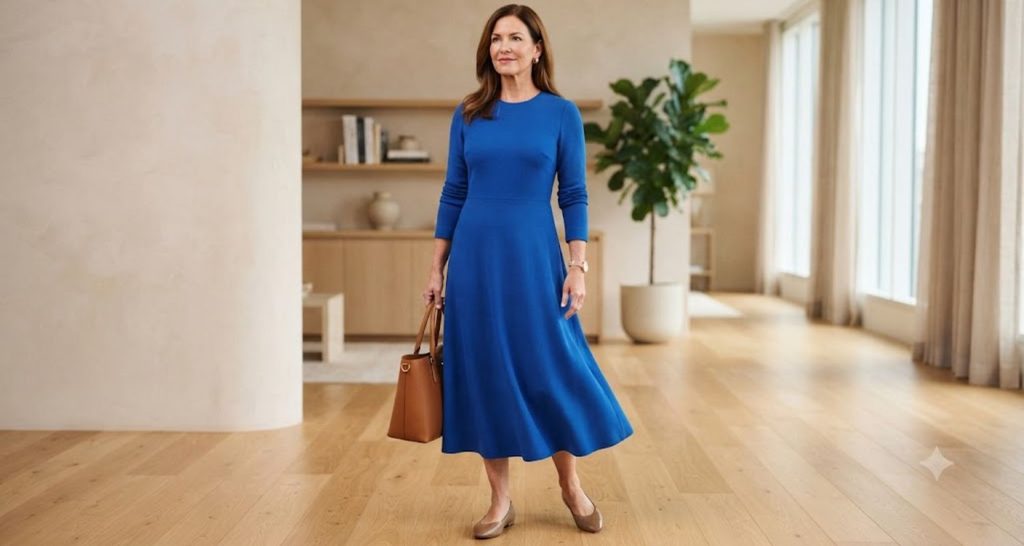 Woman styling a cobalt-blue midi dress with a tan tote, neutral flats, and simple gold jewelry.
