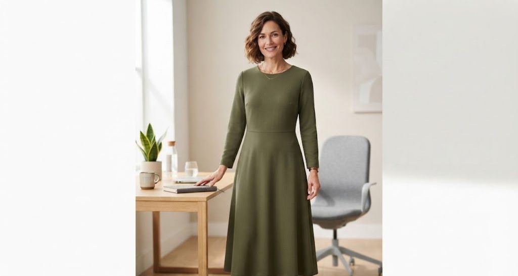 Woman wearing an olive midi office dress with long sleeves, a round neckline, and loafers.